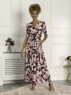 Saniya Print Jersey Maxi Dress, Navy Orange Floral -Miha Dresses Shop G621 137 NavyOrangeFloral 3