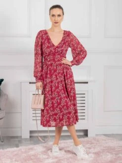 Jolie Moi Gianna Long Sleeve Mesh Midi Dress, Wine Floral -Miha Dresses Shop GH 2378WineFloral 7
