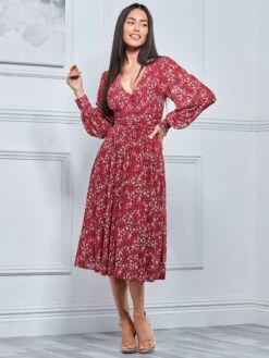 Jolie Moi Gianna Long Sleeve Mesh Midi Dress, Wine Floral -Miha Dresses Shop GH 2378 WineFloral 1
