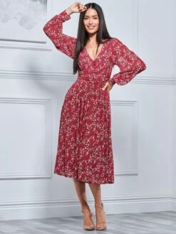 Jolie Moi Gianna Long Sleeve Mesh Midi Dress, Wine Floral -Miha Dresses Shop GH 2378 WineFloral 4