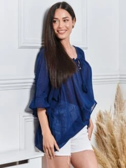 FLOATY BLOUSE WITH TIE NECK, Navy -Miha Dresses Shop GL 105 5 Navy 4
