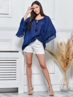 FLOATY BLOUSE WITH TIE NECK, Navy -Miha Dresses Shop GL 105 5 Navy 5