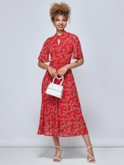 Jolie Moi Carina Key Hole Mesh Midi Dress, Red Floral -Miha Dresses Shop GY 2389 RedFloral 5