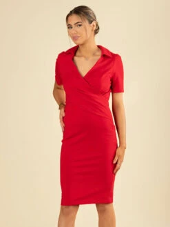 Half Sleeve Cross Front Pencil Dress, Red