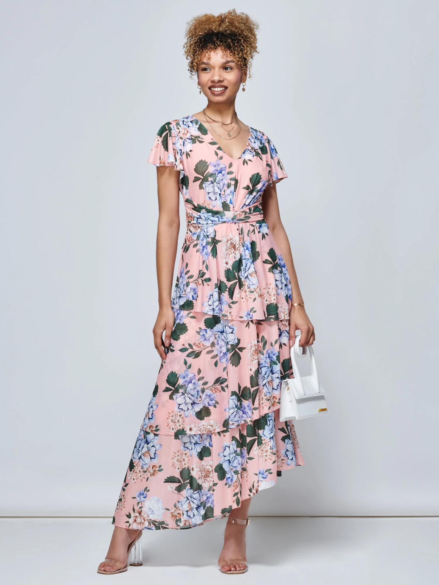 Danica Tiered Hem Mesh Maxi Dress, Pink Multi 3 Danica Tiered Hem Mesh Maxi Dress, Pink Multi