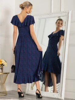 Luciana Frilly Dip Leopard Maxi Dress, Blue -Miha Dresses Shop HG 9270 BlueAnimal 2