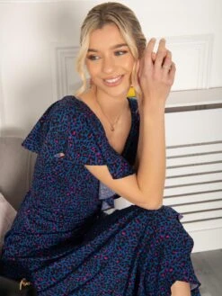 Luciana Frilly Dip Leopard Maxi Dress, Blue -Miha Dresses Shop HG 9270 BlueAnimal 7