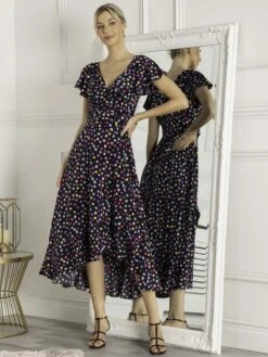 Luciana Frilly Dipped Hem Dress, Navy Polka Dot -Miha Dresses Shop HG 9270 NavyPolkaDot 1