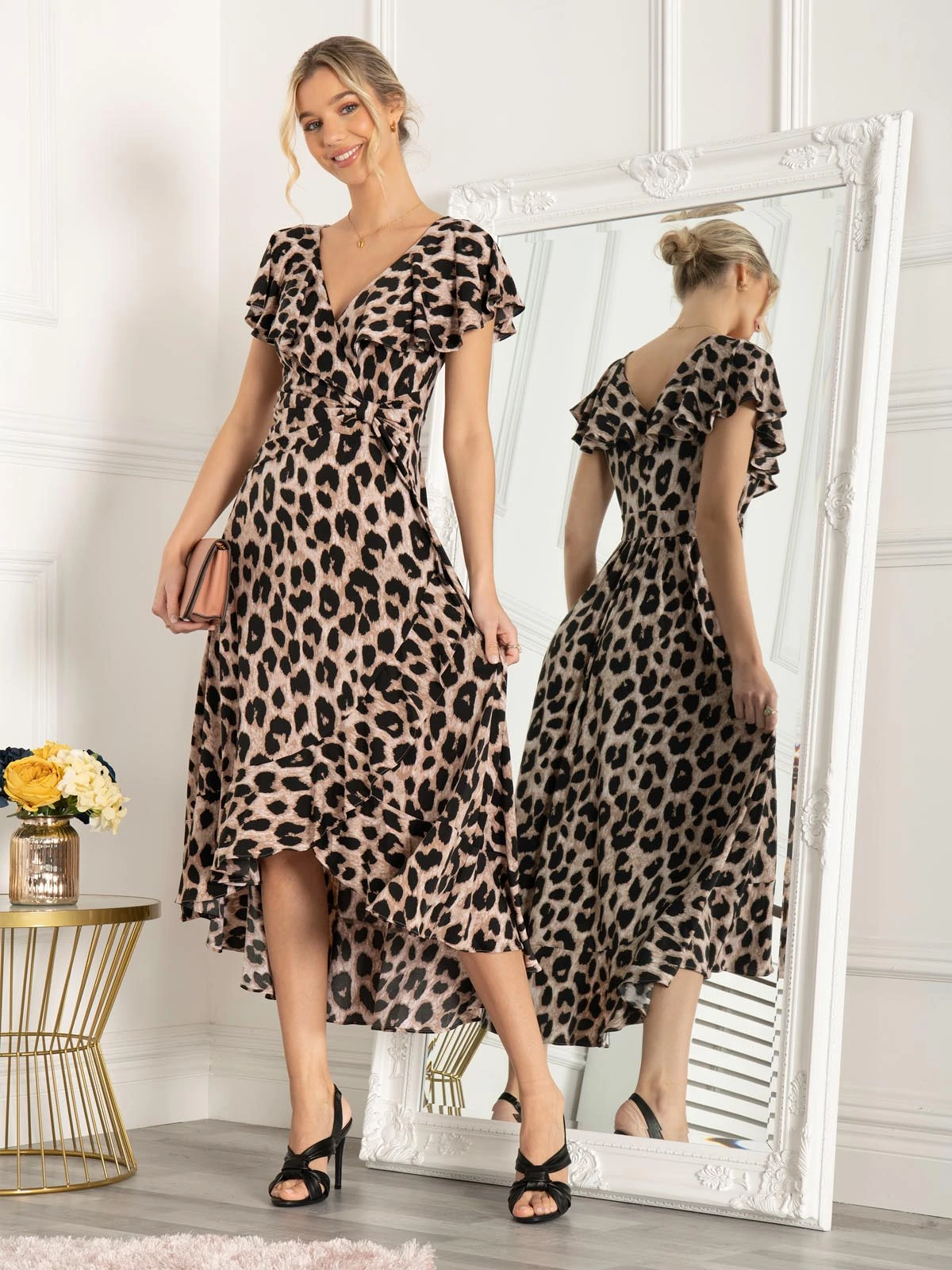 Jolie Moi Luciana Frilly Dipped Hem Dress, Pink Animal 4 Jolie Moi Luciana Frilly Dipped Hem Dress, Pink Animal - Image 2