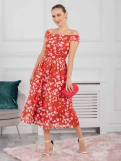 Kiara Bardot Neck Mesh Dress, Red Floral -Miha Dresses Shop KH 2318RedFloral 7 048a42c3 1d15 4631 956b 3eccb5697d12
