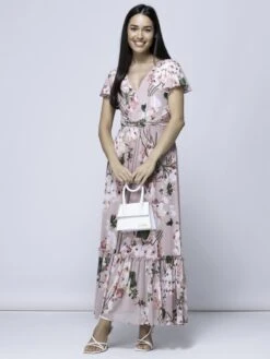 Kailee Mesh Floral Print Maxi Dress, Dusty Pink -Miha Dresses Shop KME 9373 DustyPink 1