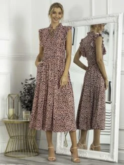 Kynlee Frilly Shoulder Maxi Dress, Pink Animal -Miha Dresses Shop KY 2158 PinkAnimal 1