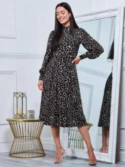 Jolie Moi Kathryn Long Sleeve Midi Dress, Brown Animal -Miha Dresses Shop KY 2312 BrownAnimal 1