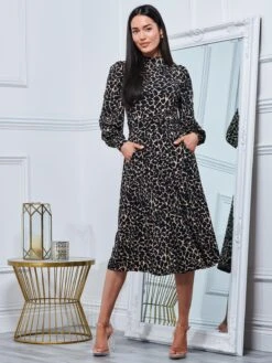 Jolie Moi Kathryn Long Sleeve Midi Dress, Brown Animal -Miha Dresses Shop KY 2312 BrownAnimal 4