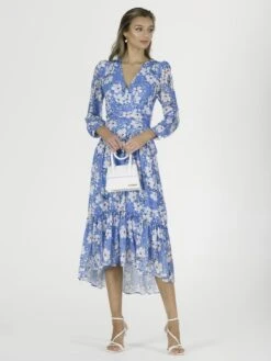 Lilianna Mesh Long Sleeve Tiered Hem Dress, Blue Floral -Miha Dresses Shop L36 1212 BlueFloral 1
