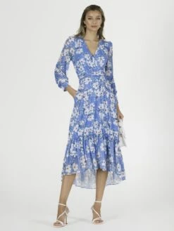 Lilianna Mesh Long Sleeve Tiered Hem Dress, Blue Floral -Miha Dresses Shop L36 1212 BlueFloral 2