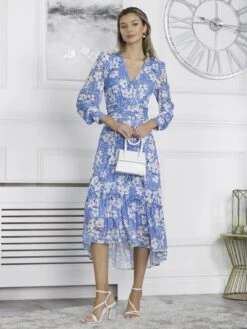 Lilianna Mesh Long Sleeve Tiered Hem Dress, Blue Floral -Miha Dresses Shop L36 1212 BlueFloral 5