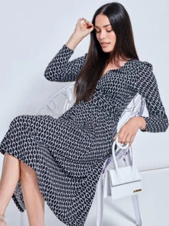 Long Sleeve Jersey Midi Dress, Black Geo -Miha Dresses Shop L504 108 BlackGeo 1
