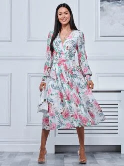 Floral Print Long Sleeve Mesh Midi Dress, White Floral -Miha Dresses Shop LDP 3621 Whitefloral 1