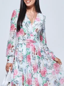 Floral Print Long Sleeve Mesh Midi Dress, White Floral -Miha Dresses Shop LDP 3621 Whitefloral 3