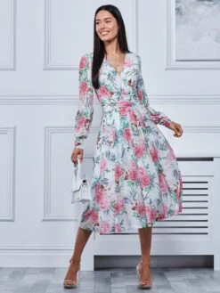 Floral Print Long Sleeve Mesh Midi Dress, White Floral -Miha Dresses Shop LDP 3621 Whitefloral 5
