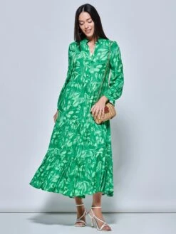Long Sleeve Holiday Maxi Shirt Dress, Green Abstract -Miha Dresses Shop LQ 0A001 GreenAbstract 1