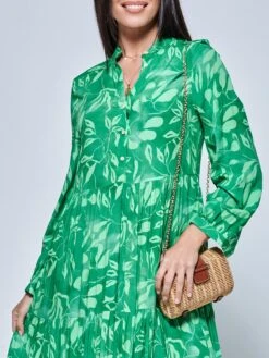 Long Sleeve Holiday Maxi Shirt Dress, Green Abstract -Miha Dresses Shop LQ 0A001 GreenAbstract 3