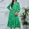 Long Sleeve Holiday Maxi Shirt Dress, Green Abstract
