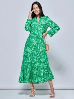 Long Sleeve Holiday Maxi Shirt Dress, Green Abstract -Miha Dresses Shop LQ 0A001 GreenAbstract 5