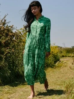Long Sleeve Holiday Maxi Shirt Dress, Green Abstract -Miha Dresses Shop LQ 0A001 GreenAbstract 6