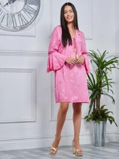 Loose Fit Crochet Trim Holiday Midi Dress, Pink Abstract -Miha Dresses Shop LQ 0A006 PinkAbstract 4