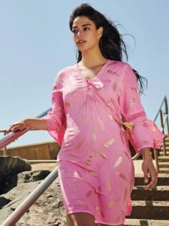 Loose Fit Crochet Trim Holiday Midi Dress, Pink Abstract -Miha Dresses Shop LQ 0A006 PinkAbstract 7