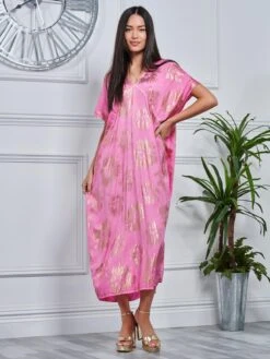 Short Sleeve Tunic Holiday Maxi Dress, Pink Abstract -Miha Dresses Shop LQ 0A009 PinkAbstract 4