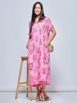 Short Sleeve Tunic Holiday Maxi Dress, Pink Abstract -Miha Dresses Shop LQ 0A009 PinkAbstract 5