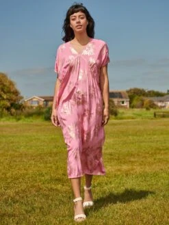 Short Sleeve Tunic Holiday Maxi Dress, Pink Abstract -Miha Dresses Shop LQ 0A009 PinkAbstract 6