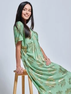 Short Sleeve Tunic Holiday Maxi Dress, Green Abstract -Miha Dresses Shop LQ 0A010 GreenAbstract 1
