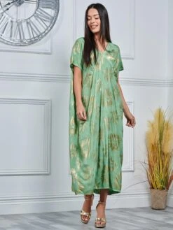 Short Sleeve Tunic Holiday Maxi Dress, Green Abstract -Miha Dresses Shop LQ 0A010 GreenAbstract 4
