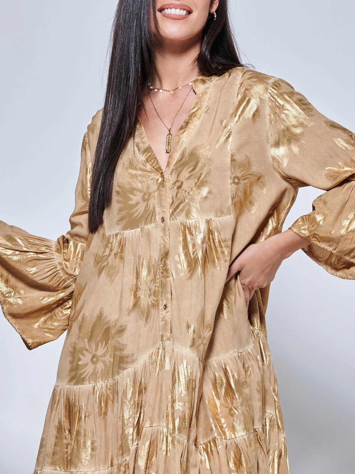 Printed Tiered Hem Holiday Midi Dress, Khaki Pattern 5 Printed Tiered Hem Holiday Midi Dress, Khaki Pattern - Image 3