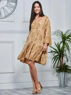 Printed Tiered Hem Holiday Midi Dress, Khaki Pattern 12 Printed Tiered Hem Holiday Midi Dress, Khaki Pattern -Miha Dresses Shop LQ 0A016 KhakiPatern 4