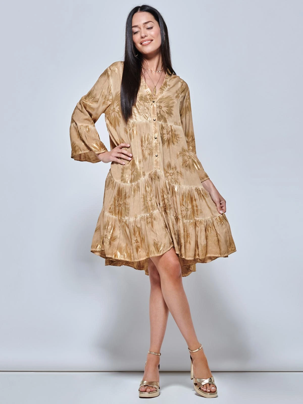 Printed Tiered Hem Holiday Midi Dress, Khaki Pattern 3 Printed Tiered Hem Holiday Midi Dress, Khaki Pattern