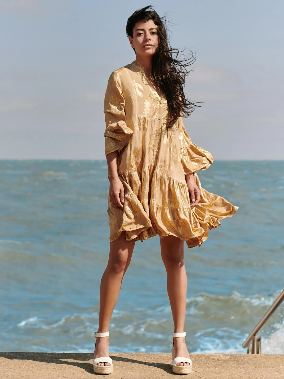 Printed Tiered Hem Holiday Midi Dress, Khaki Pattern 8 Printed Tiered Hem Holiday Midi Dress, Khaki Pattern - Image 6