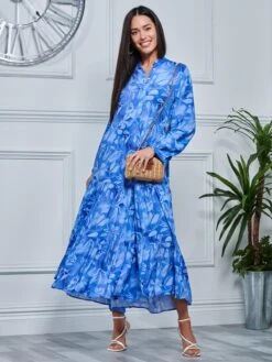 Long Sleeve Holiday Maxi Shirt Dress, Blue Abstract -Miha Dresses Shop LQ 0A017 BlueAbstract 4