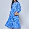 Long Sleeve Holiday Maxi Shirt Dress, Blue Abstract
