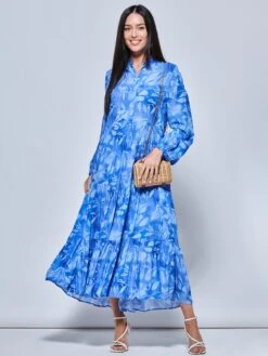 Long Sleeve Holiday Maxi Shirt Dress, Blue Abstract