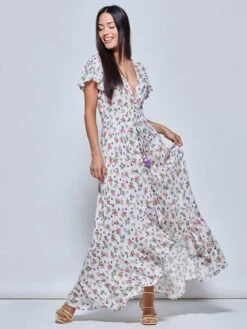 Angel Sleeved High Low Holiday Maxi Dress, Pink Floral -Miha Dresses Shop LQ 0A018 PinkFloral 1