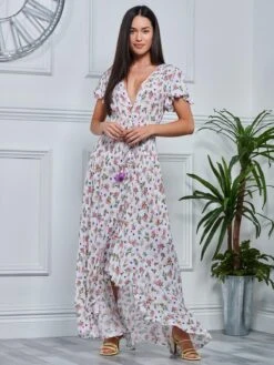 Angel Sleeved High Low Holiday Maxi Dress, Pink Floral -Miha Dresses Shop LQ 0A018 PinkFloral 4