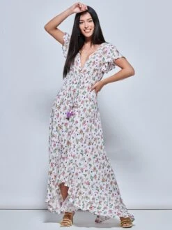 Angel Sleeved High Low Holiday Maxi Dress, Pink Floral -Miha Dresses Shop LQ 0A018 PinkFloral 5