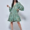 Printed Tiered Hem Holiday Midi Dress, Green Abstract