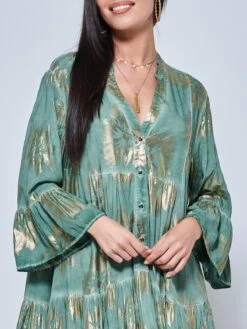 Printed Tiered Hem Holiday Midi Dress, Green Abstract -Miha Dresses Shop LQ 0A020 GreenAbstract 3
