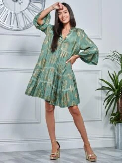 Printed Tiered Hem Holiday Midi Dress, Green Abstract -Miha Dresses Shop LQ 0A020 GreenAbstract 4